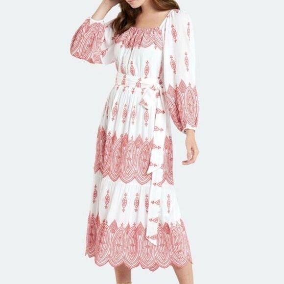 Marie Oliver Jessie Red & White Emroidered Eyelet Long Sleeve Midi Dress | Size - Picture 1 of 7